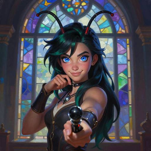 Fantasy Woman with Antennae and Stained Glass Background