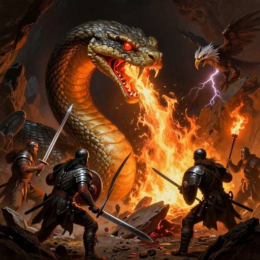 Digital fantasy artwork of armored warriors battling a massive, fiery serpent with glowing red eyes, lightning crackling above, surrounded by intense flames.