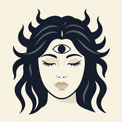 Digital illustration of a pale-skinned woman with closed eyes, black wavy hair, and a single eye on her forehead. White background. Minimalist