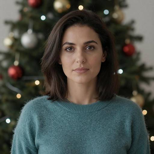 Woman in Teal Sweater by Christmas Tree