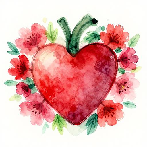 Watercolor illustration of a vibrant red heart surrounded by pink and red flowers with green leaves, against a white background.