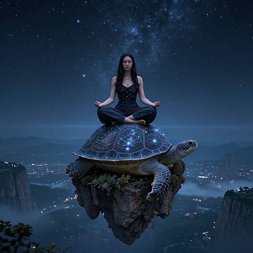 Digital artwork of a serene Asian woman in black yoga attire, meditating on a glowing turtle atop a floating rock, under a starry night sky with