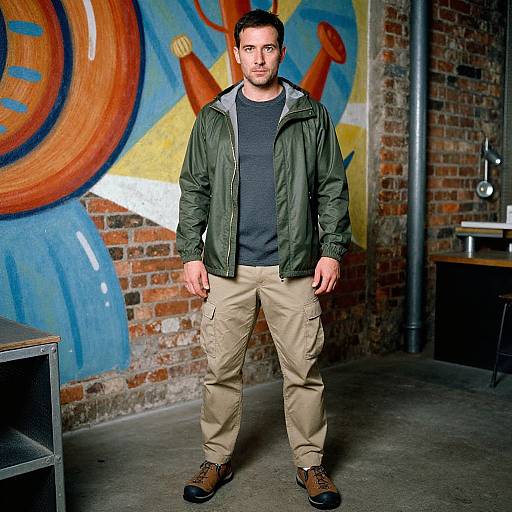 Photograph of a young man with short dark hair, wearing a green jacket, black shirt, beige pants, and brown shoes, standing in a brick
