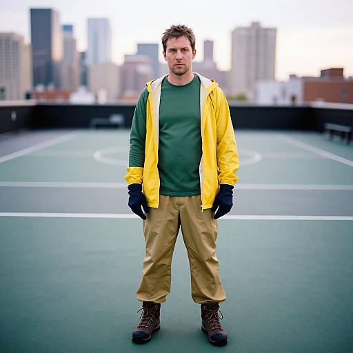 Photograph of a muscular man with short brown hair, green shirt, yellow jacket, beige pants, black gloves, and brown boots, standing on a