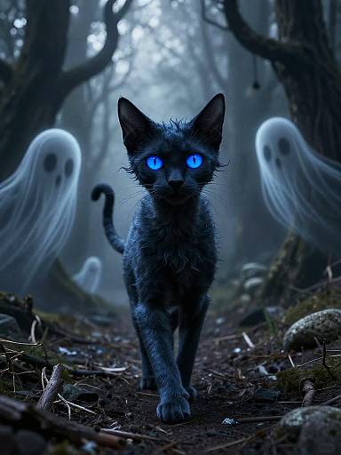 Photograph-like digital art: Glowing blue-eyed black cat with shaggy fur walks through eerie, foggy forest, flanked by ghostly