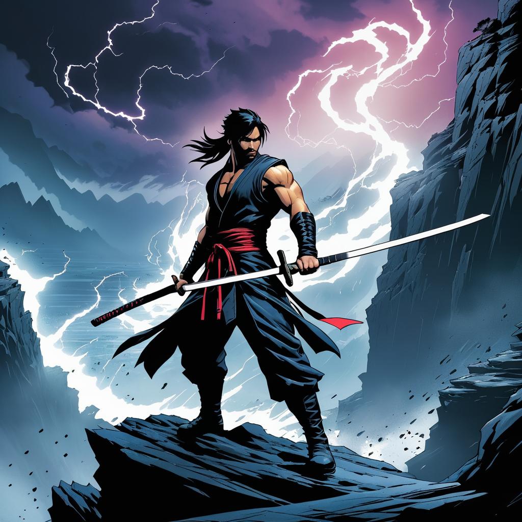 Triumphant Ninja Assassin in Stormy Scene