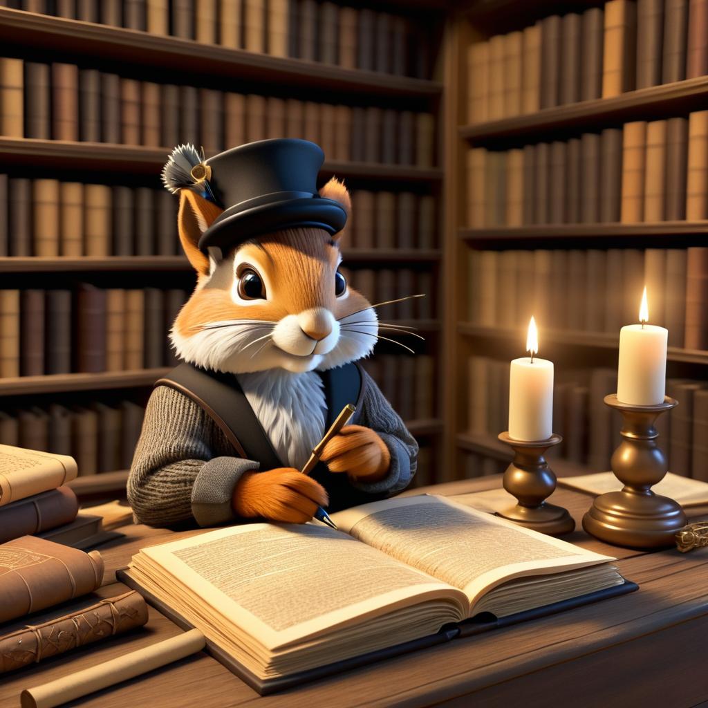 Whimsical Animated Writer Squirrel Scene