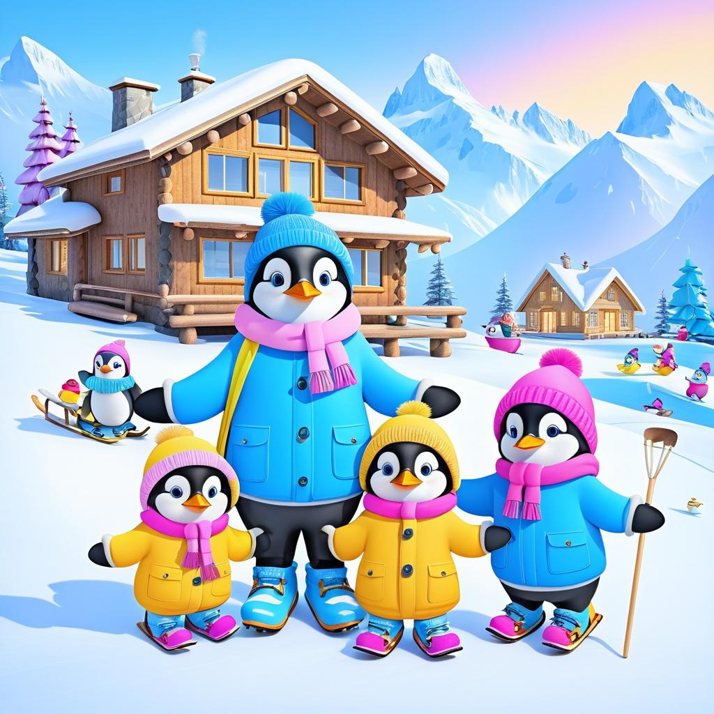 Cozy Penguin Family in Winter Wonderland