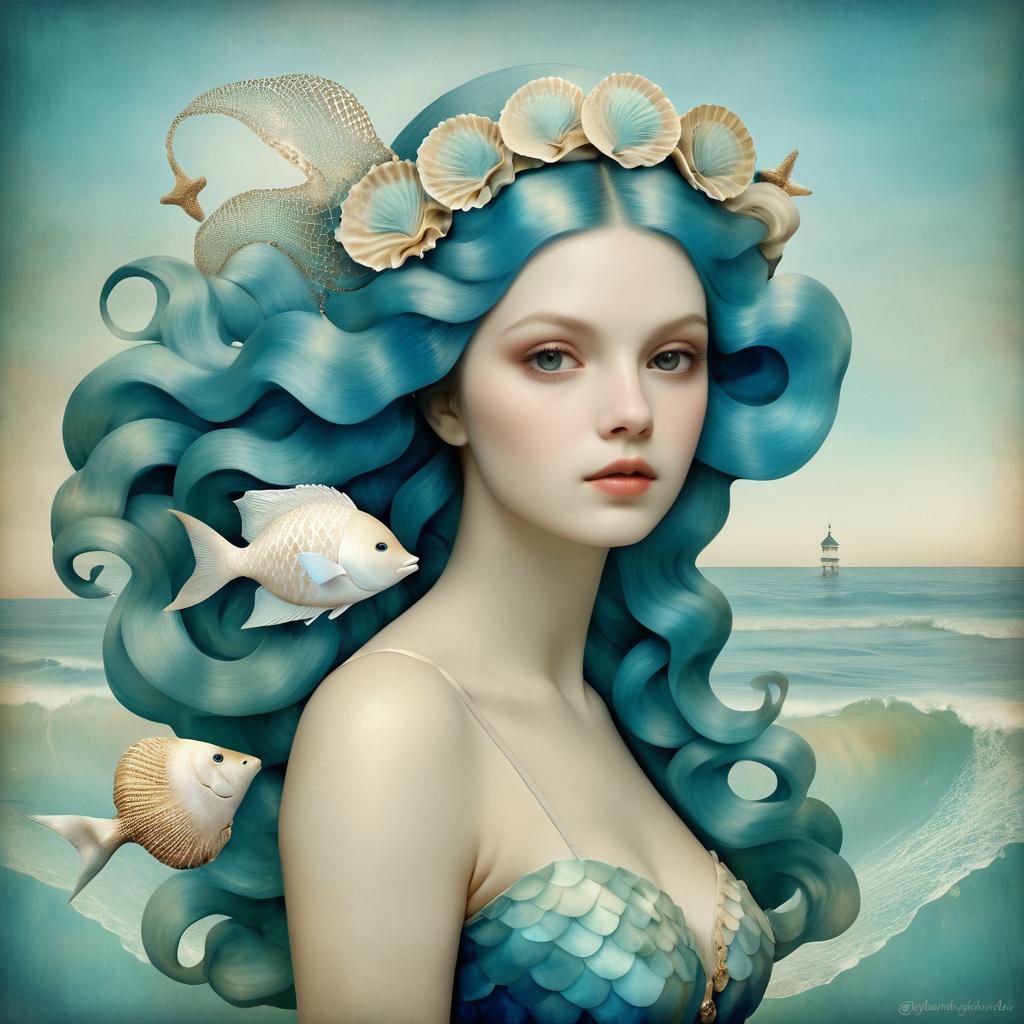 Ethereal Mermaid Portrait in Ocean Blues