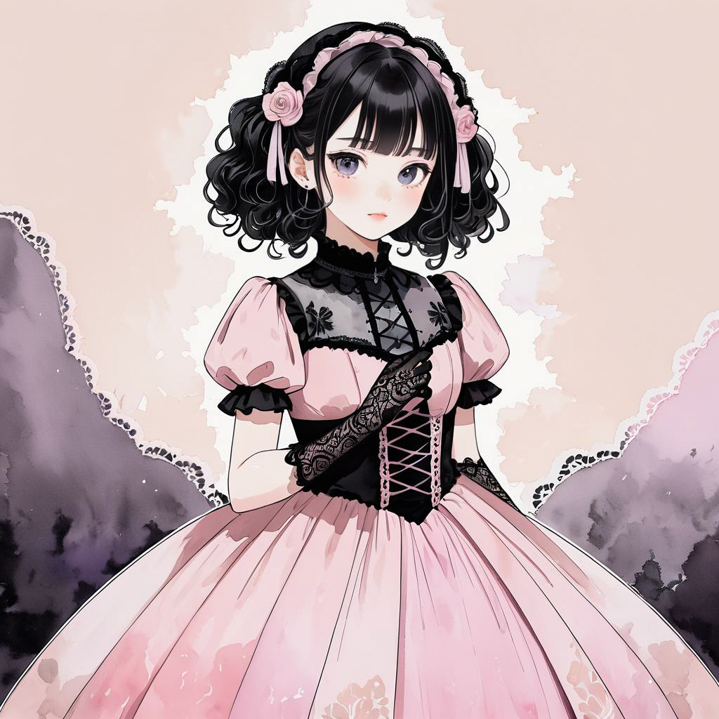 Blushing Gothic Lolita in Watercolor Style