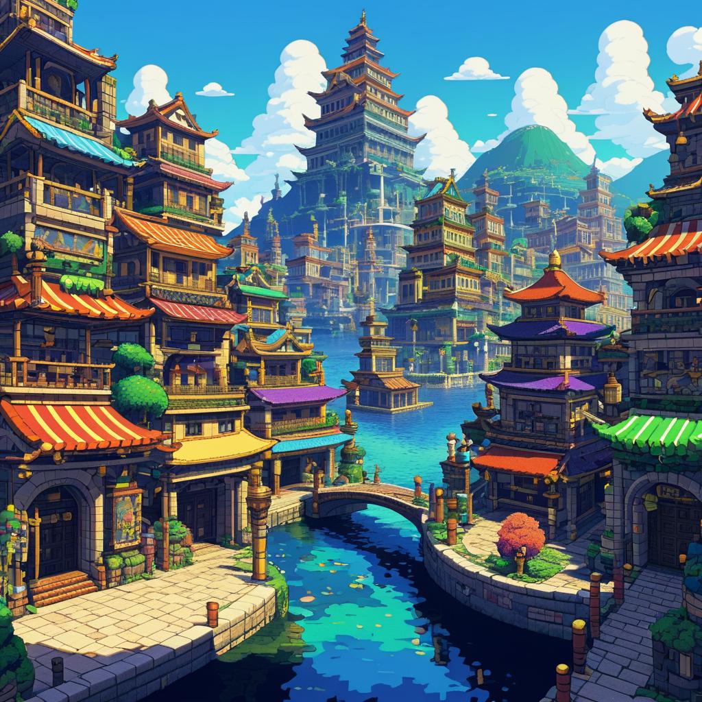 Ancient Mythological Port Town in Pixel Art