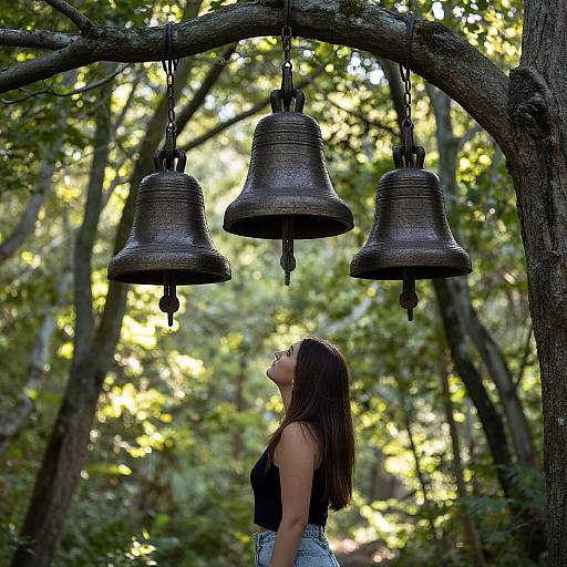 Photograph of a young woman with long brown hair, wearing a black tank top and denim shorts, standing under three large bronze bells hanging from a tree
