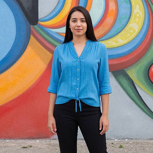 Woman in Blue Shirt by Mural