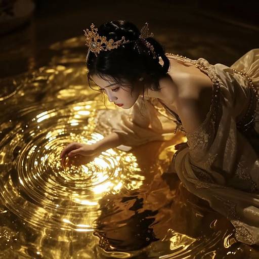 Photograph of a dark-haired woman with a golden tiara, wearing a beige, lace-trimmed dress, kneeling in glowing, reflective water,