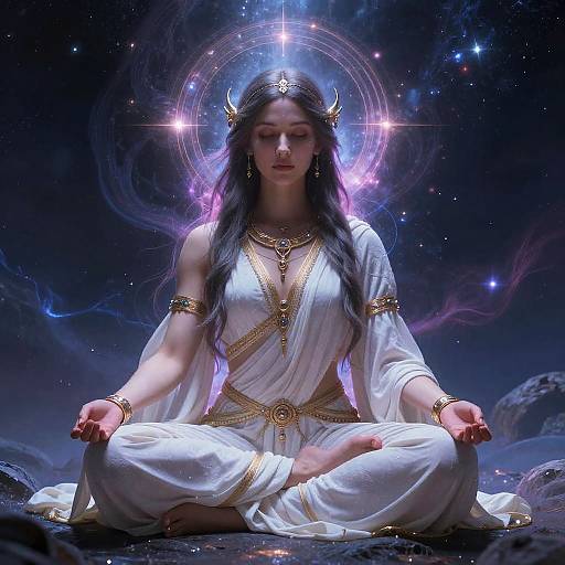 Digital artwork of a serene, dark-haired goddess in white robes, seated cross-legged, meditating with glowing celestial halo, cosmic background.