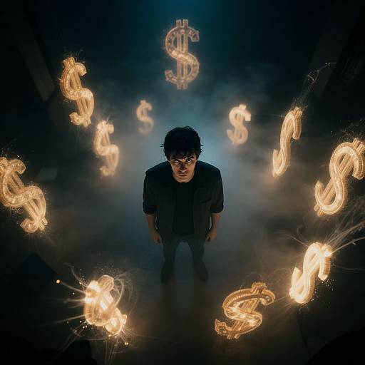 Surreal Man Surrounded by Radiant Dollar Signs