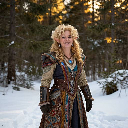 Photograph of a smiling blonde woman with pointed elf ears, wearing medieval-style armor and colorful robes, standing in a snowy forest at sunset.