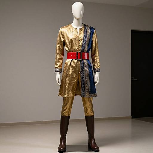 Photograph of a white mannequin wearing a gold, long-sleeve tunic with blue and black striped details, red belt, and brown