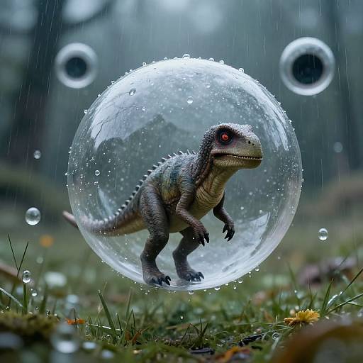 Photorealistic CGI: Small, detailed dinosaur with red eyes inside a glowing, raindrop-covered water sphere, floating above grassy forest floor.