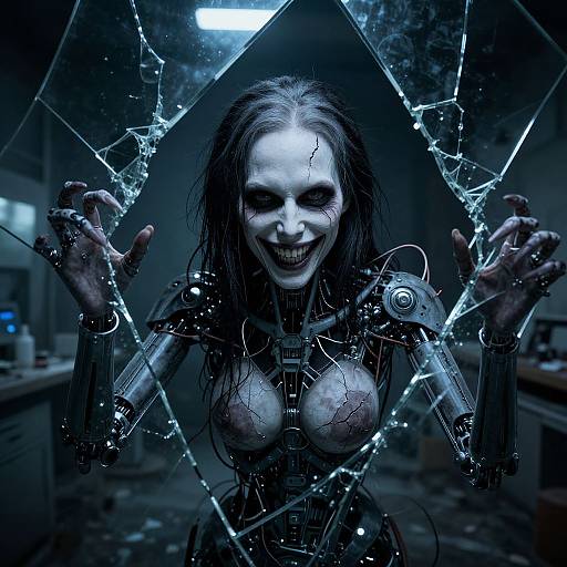 Digital artwork of a creepy, pale-skinned, mechanical woman with exposed breasts, grinning through shattered glass, in a dimly lit, industrial room