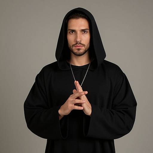 Photograph of a young man with olive skin, dark hair, and beard, wearing a black hooded sweatshirt, silver necklace, and holding hands
