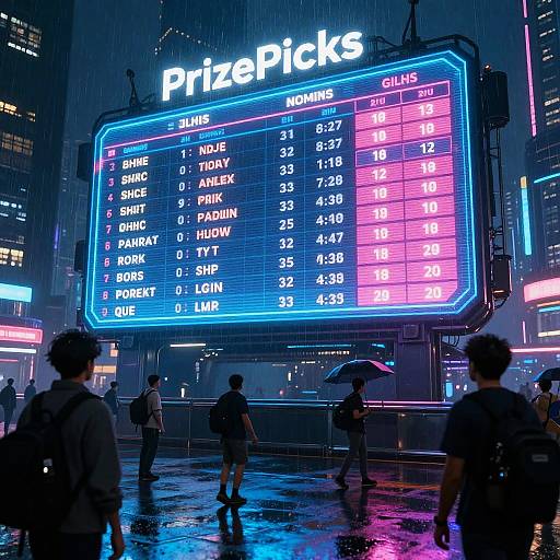 Neon-lit, rainy night scene of a bustling city street with a large, illuminated 