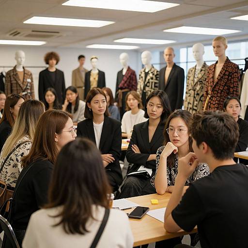 Photograph of a fashion design class: diverse group of Asian and Caucasian students, seated, discussing, with mannequins and models in background.