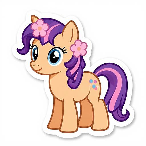 Digital illustration of a cute, light-orange pony with large blue eyes, purple and pink striped mane and tail, pink flower hair accessories, and three blue