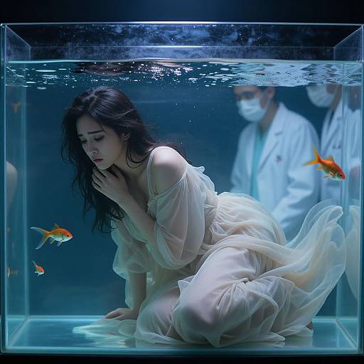 Photograph of a sorrowful Asian woman with long black hair, in a sheer white dress, kneeling in a glowing aquarium with goldfish, while two