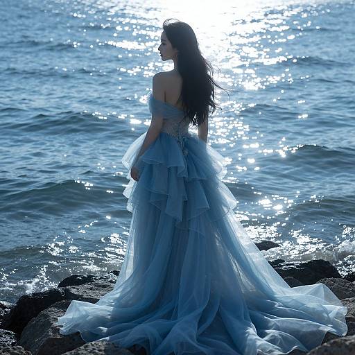 Photograph of a woman with long dark hair in a blue, off-shoulder, tiered gown, standing on rocky shore, facing ocean,