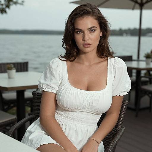 Photograph of a brunette woman with wavy hair, wearing a white, short-sleeved, square-neck dress, seated outdoors by a lake,