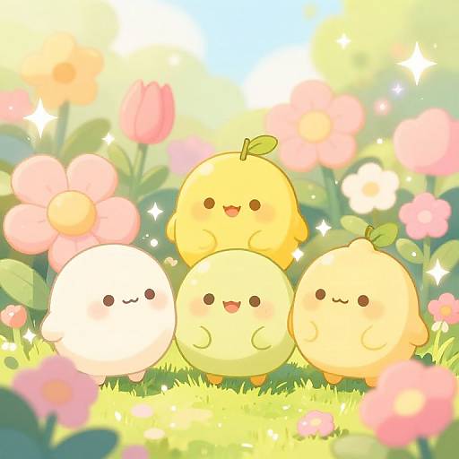 Cute digital illustration of three chibi-style, yellow, round egg-like creatures with happy expressions, standing in a bright, sunny garden filled with colorful