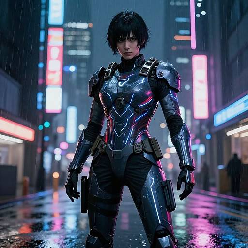 Cyberpunk woman in sleek, neon-illuminated black armor stands in a rainy city street with vibrant neon signs in the background. Photoreal