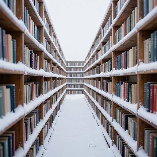 Photograph of a snow-covered library aisle, with two symmetrical rows of wooden bookshelves extending to a vanishing point, showcasing colorful books dust
