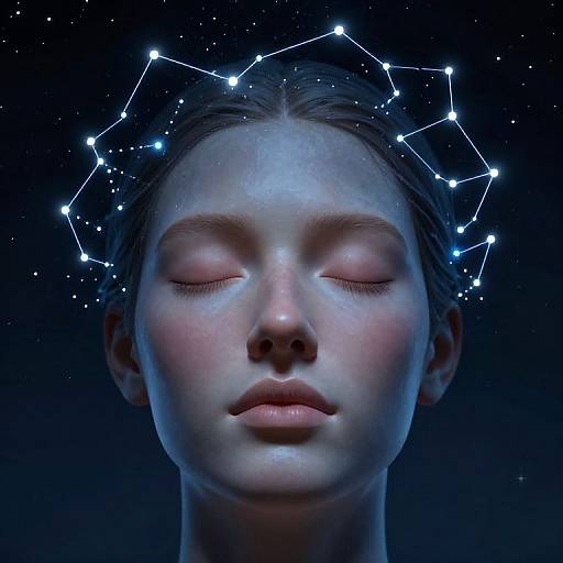 Photographic digital art of a serene woman with closed eyes, glowing blue skin, and a constellation crown against a dark, starry background.