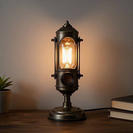 Vintage-style black metal lantern with glowing bulb on wooden table, beside potted plant and stacked books, against a plain wall.