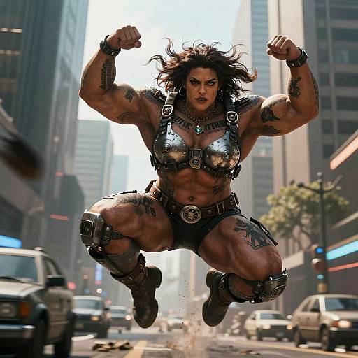 Giga Chad Woman Leaping in Dystopia