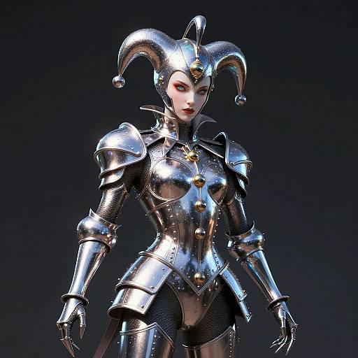 CGI image of a silver-armored, fair-skinned female jester with red lips, jester hat, and intricate armor, standing against a