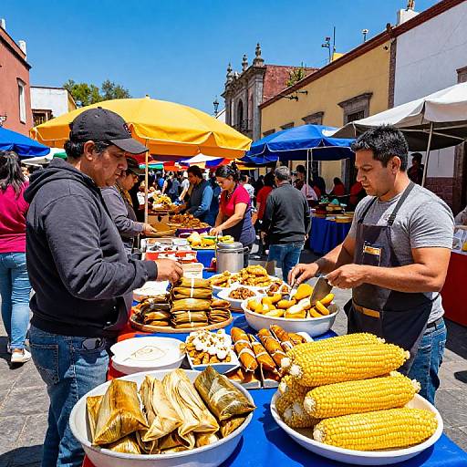 Photograph of a bustling outdoor market: Two men in casual clothes, one in a black cap, serve corn and tortillas under colorful umbrellas.