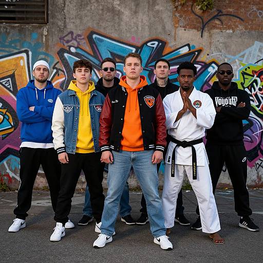 Photograph of six young men standing in front of vibrant graffiti-covered wall. They wear varied clothing, including hoodies, jackets, and martial arts gear