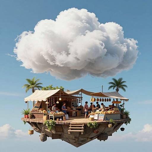 Floating marketplace with palm trees, vendors, and customers, suspended mid-air under a large, fluffy white cloud, against a bright blue sky. Digital art