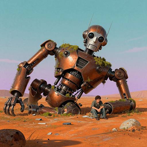 Digital artwork of a rusted, grass-covered robot reclining in a desert, with a young man seated nearby, wearing a green shirt.