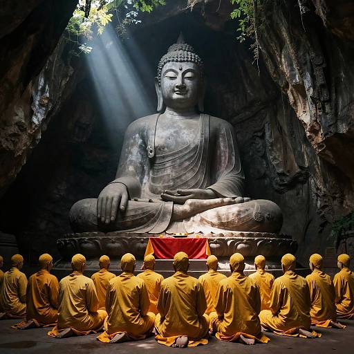 Mystical Cave Buddha with Hooded Figures