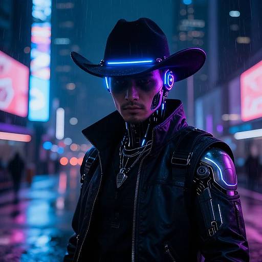 Cyberpunk cityscape photograph of a mysterious man in a dark hat with neon blue and purple earphones, wearing a black jacket with glowing purple shoulder