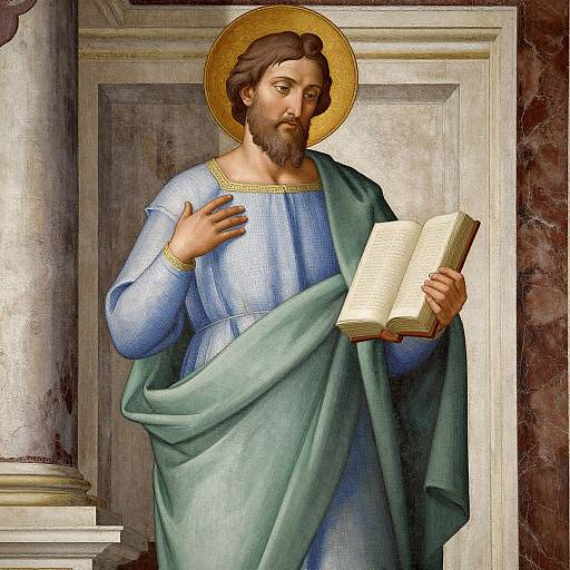 Digital painting of a bearded, brown-haired man with a golden halo, wearing blue and green robes, holding an open book, standing before a marble