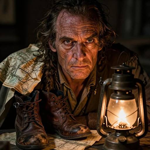 Photograph of a rugged, intense-looking middle-aged man with long, disheveled hair, wearing dirty, worn-out clothes, staring at a glowing