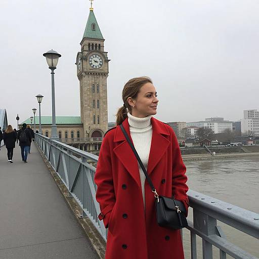 Woman in Red Coat on Bridge with Clock Tower