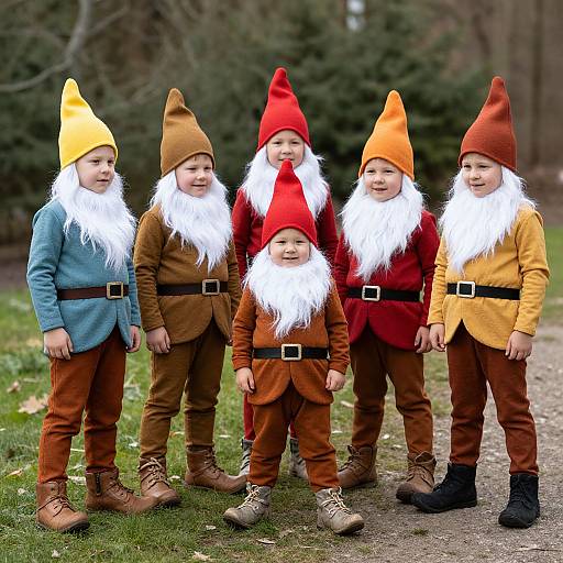 Photograph of five young children dressed as gnomes in colorful hats, brown suits, and white beards, standing outdoors on grass.