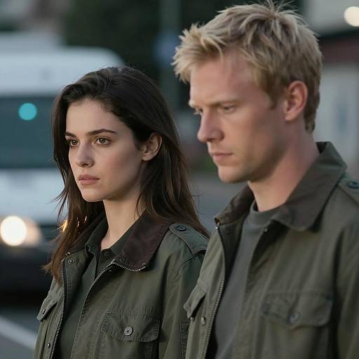 Couple in Green Jackets with Blurred Lights
