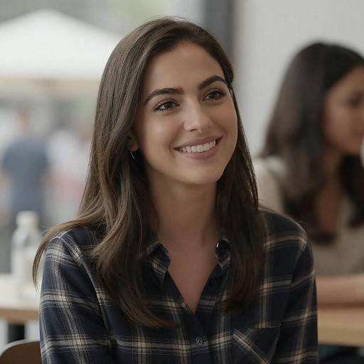 Smiling Woman in Dark Plaid Shirt